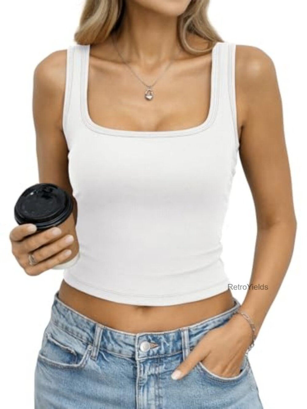 Ribbed Crop Tank Top with Built-In Bra Removable Pads Square Neck Sleeveless